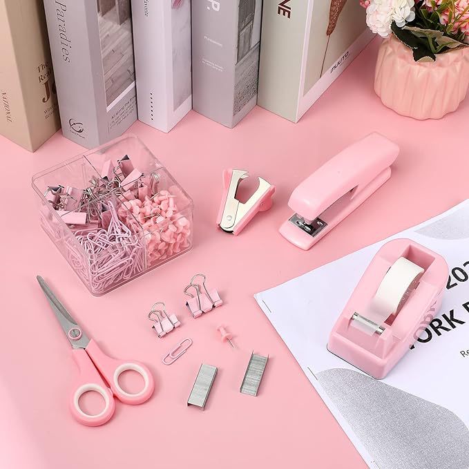 Cross-Border Direct Supply Pink Stationery Set Stapler Tape Seat Nail Puller Paper Clip Long Tail Clip Combination Set