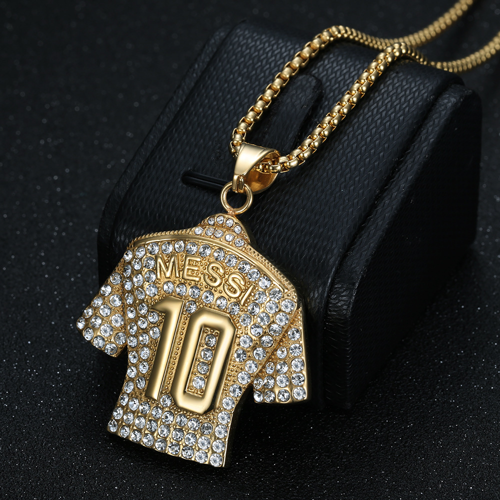 New Hip Hop Hiphop Ornament Titanium Steel Gold-Plated Diamond Football Messi Massey No. 10 Jersey Pendant Necklace