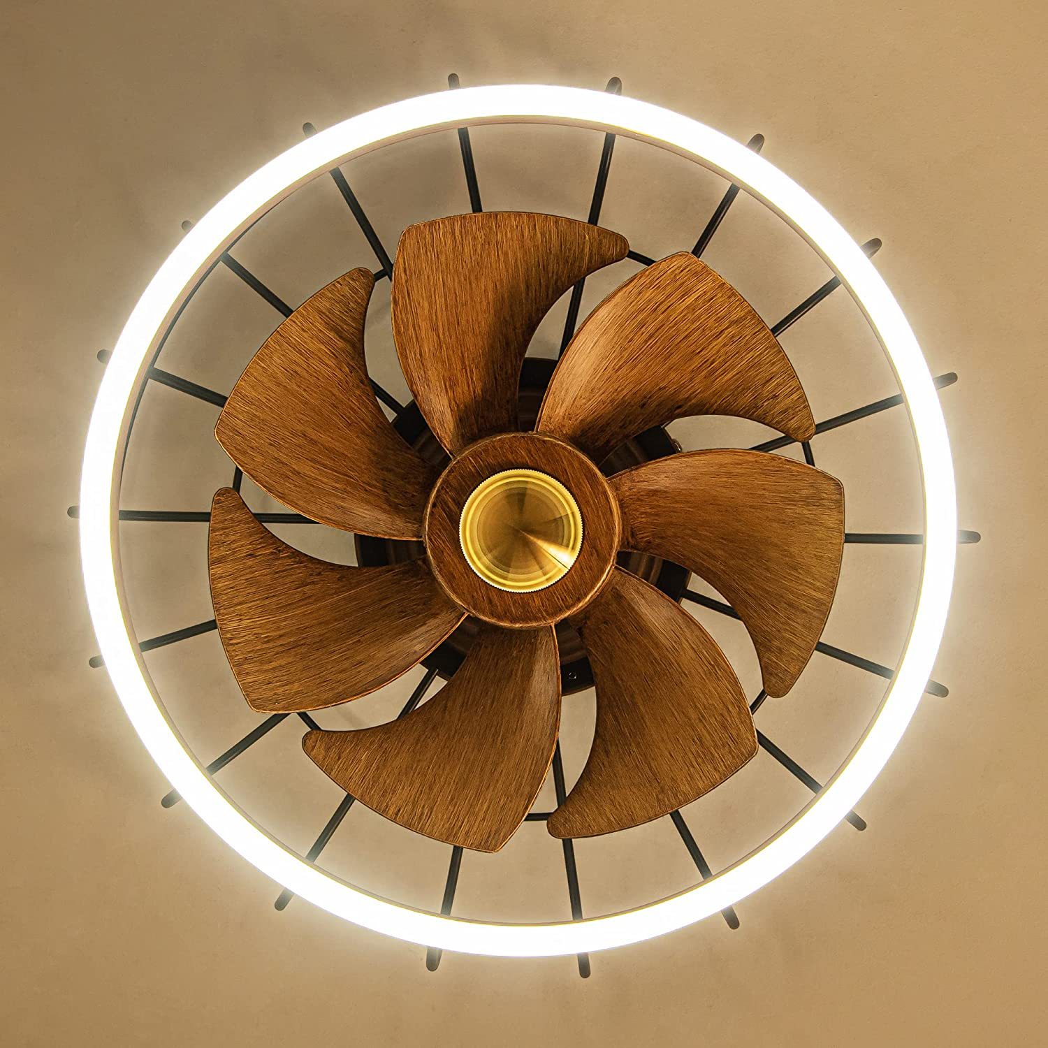 Metal Frame Led Wood Fan Light Indoor Ceiling Light Fixture Fan with Lights Remote Control