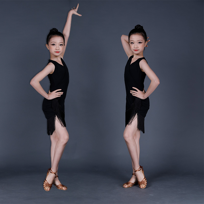 拉丁舞服女童儿童练功服少儿比赛舞蹈裙夏流苏新款服