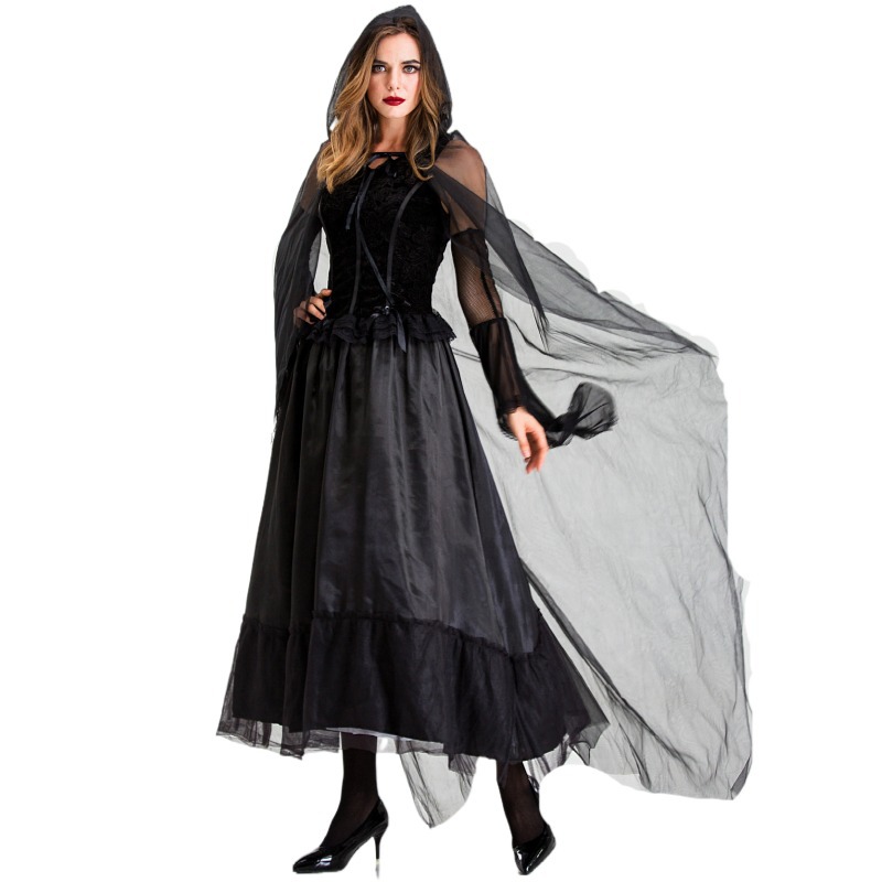 万圣节服装 吸血鬼聚会薄纱长款披风裙 黑暗女巫装古堡女王宫廷裙