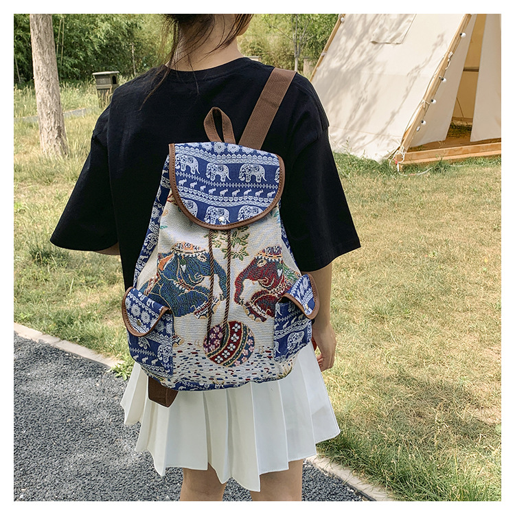 Ethnic Style Rabbit Backpack Leisure Animal Drawstring Bag Retro Women's Large Capacity School Bag Drawstring Bucket Bag