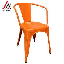 佛山休闲铁艺复古铁皮椅工业风扶手餐厅椅亮光钢架铁艺餐椅