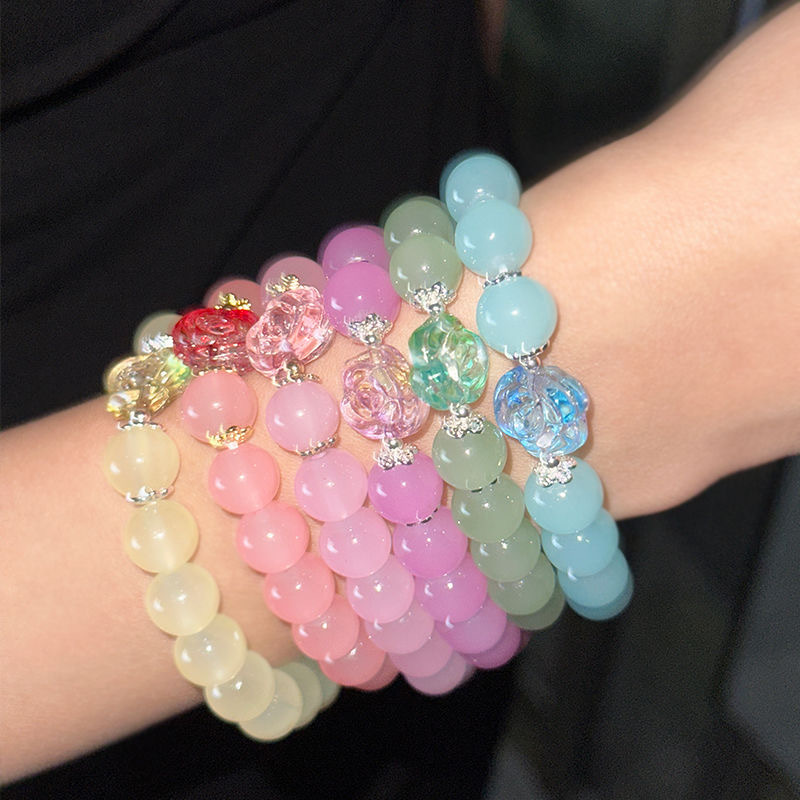 INS Style Good-looking Icy White Jade Pink Bracelet Hand Toy Girl Gradient Flower Student Female Girlfriends' Bracelet