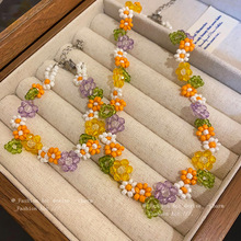 多巴胺彩色手工编织米珠花朵项链森系氛围感锁骨链气质田园风饰品