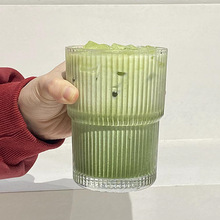 日式简约条纹玻璃杯柠檬茶杯气泡水杯可叠饮料杯水果茶杯