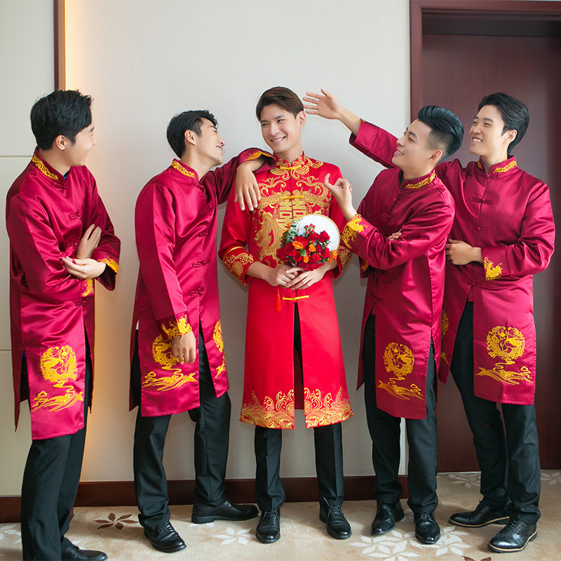伴郎服中式兄弟装搞笑风结婚礼服唐装复古马褂长衫兄弟团服装