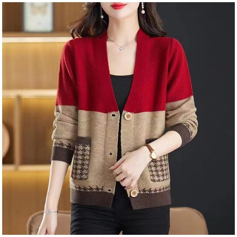 Korean Style Autumn Middle-Aged Women's Clothes Coat Color Matching Outerwear New Women's Sweater Coat Female Loose-Fitting Western Style Top