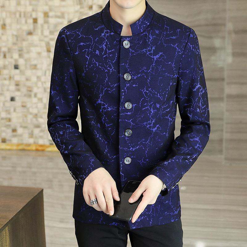 中华立领西服男春秋季青年印花修身潮流国服中山装男薄款唐装上衣