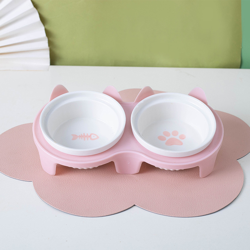 Cat Bowl Ceramic Double Bowl Water Bowl Protective Cervical Spine High Foot Oblique Cat Food Bowl Drinking Bowl Pet Bowl Pet Supplies