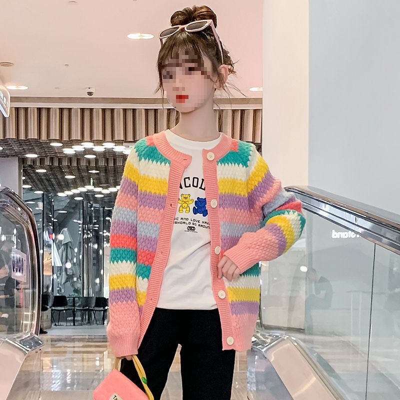 女童开衫毛线衣秋冬装2025新款韩版儿童彩虹毛衣中大童洋气针织衫