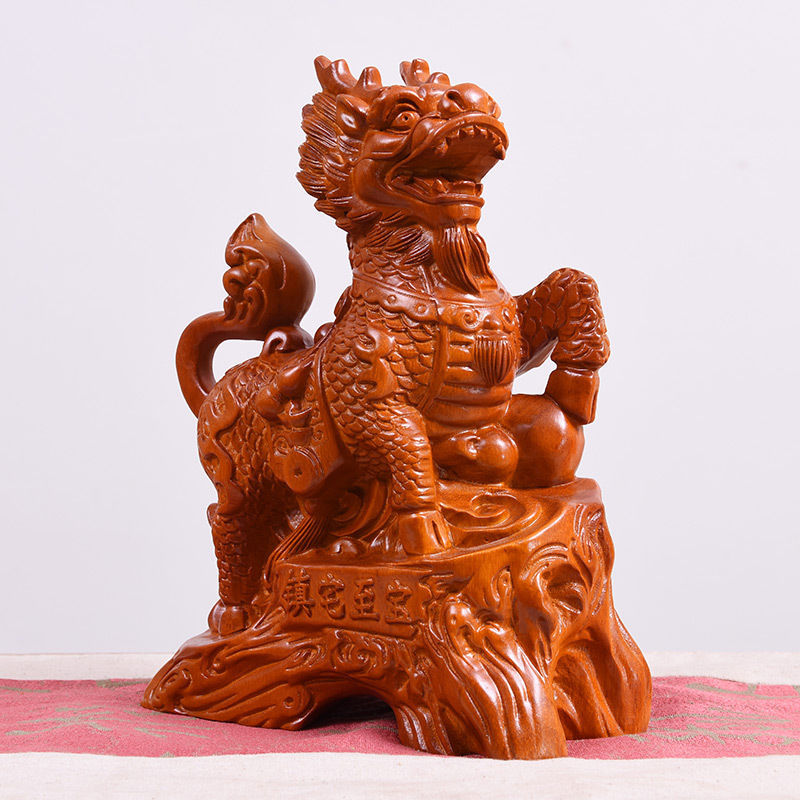 花梨木雕刻麒麟摆件一对红实木宅客厅装饰工艺品业送礼工艺品