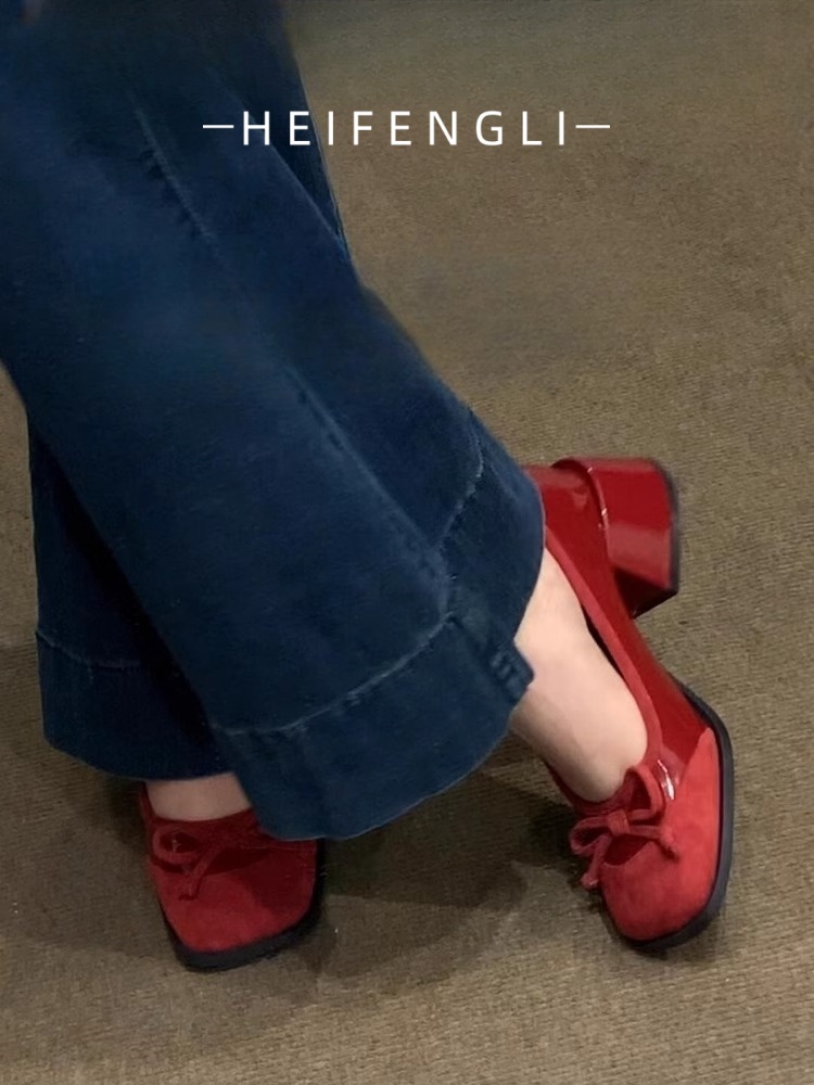 法式红色粗跟玛丽珍单鞋女2025年夏季新款芭蕾风蝴蝶结气质高跟鞋