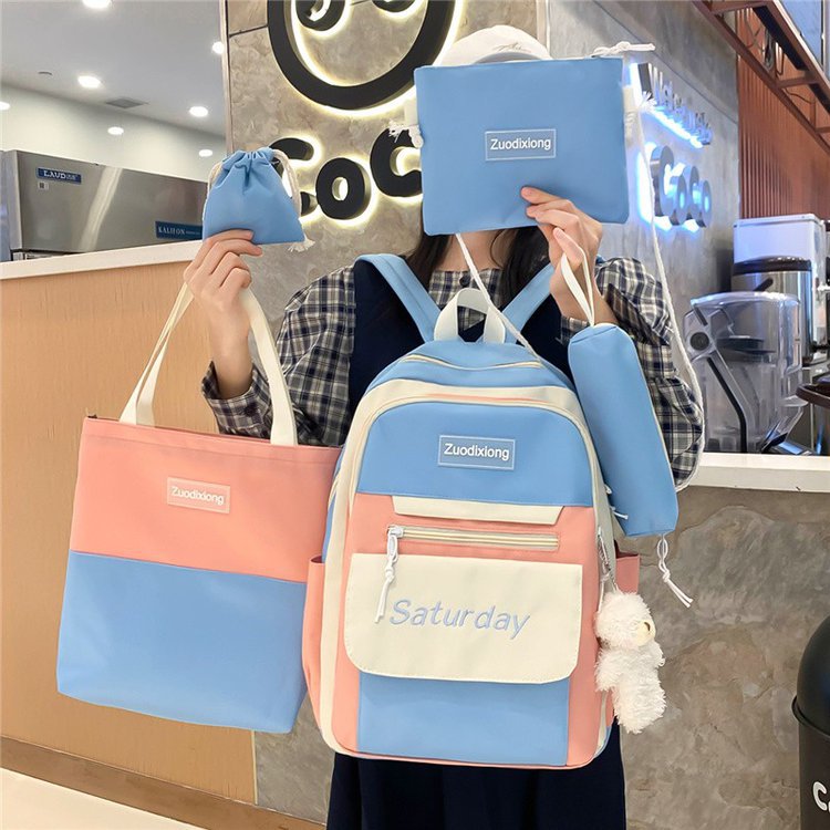 2022 New Japanese and Korean Partysu Contrast Color Five-Piece Backpack Primary School Junior High School College Style Casual Large Capacity Wholesale