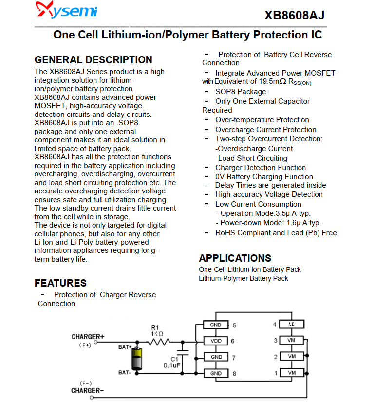 xb8608aj 单节锂离子/聚合物电池保护ic sop8