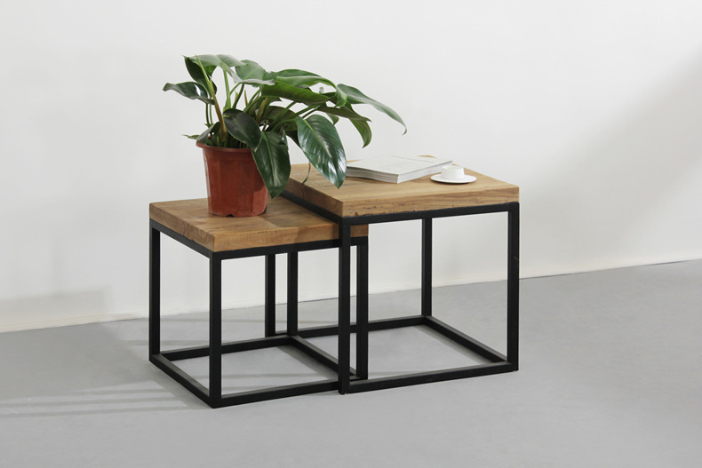 正方形铁艺实木茶几家用客厅卧室两件套组装茶几沙发旁大小电话桌