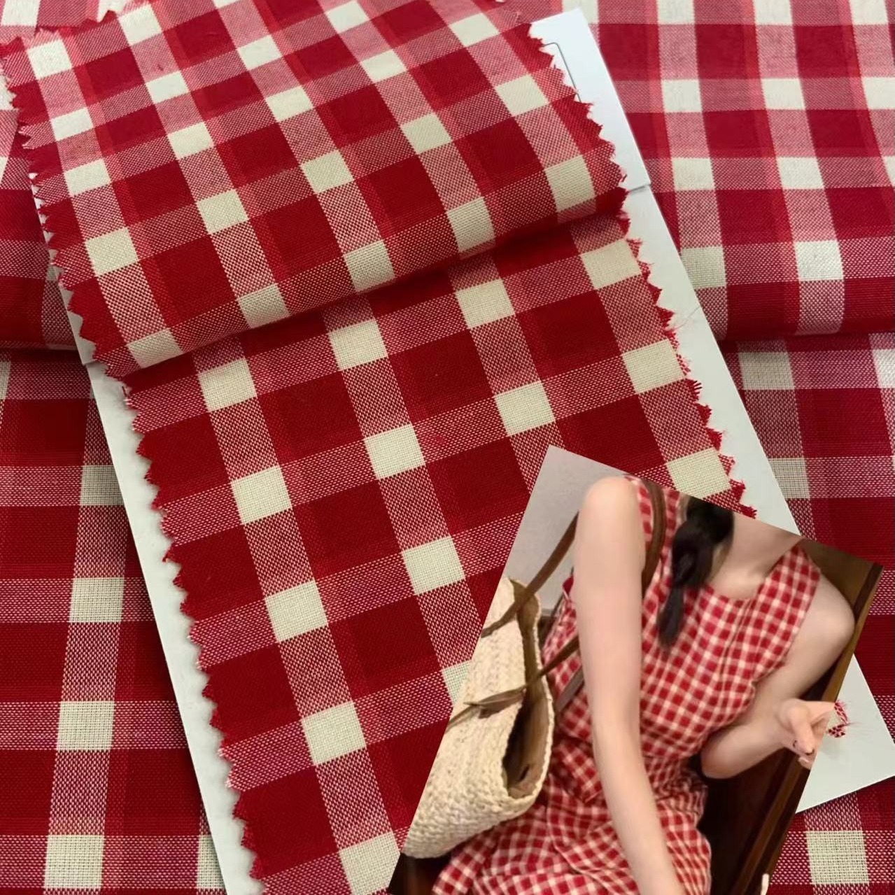 涤棉火红色大红色格子女装连衣裙旗袍面料童装吊带衫餐桌布窗帘布