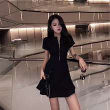 欧洲站2024新款女装慵懒风显瘦荷叶边imiss赫本小黑裙黑色连衣裙