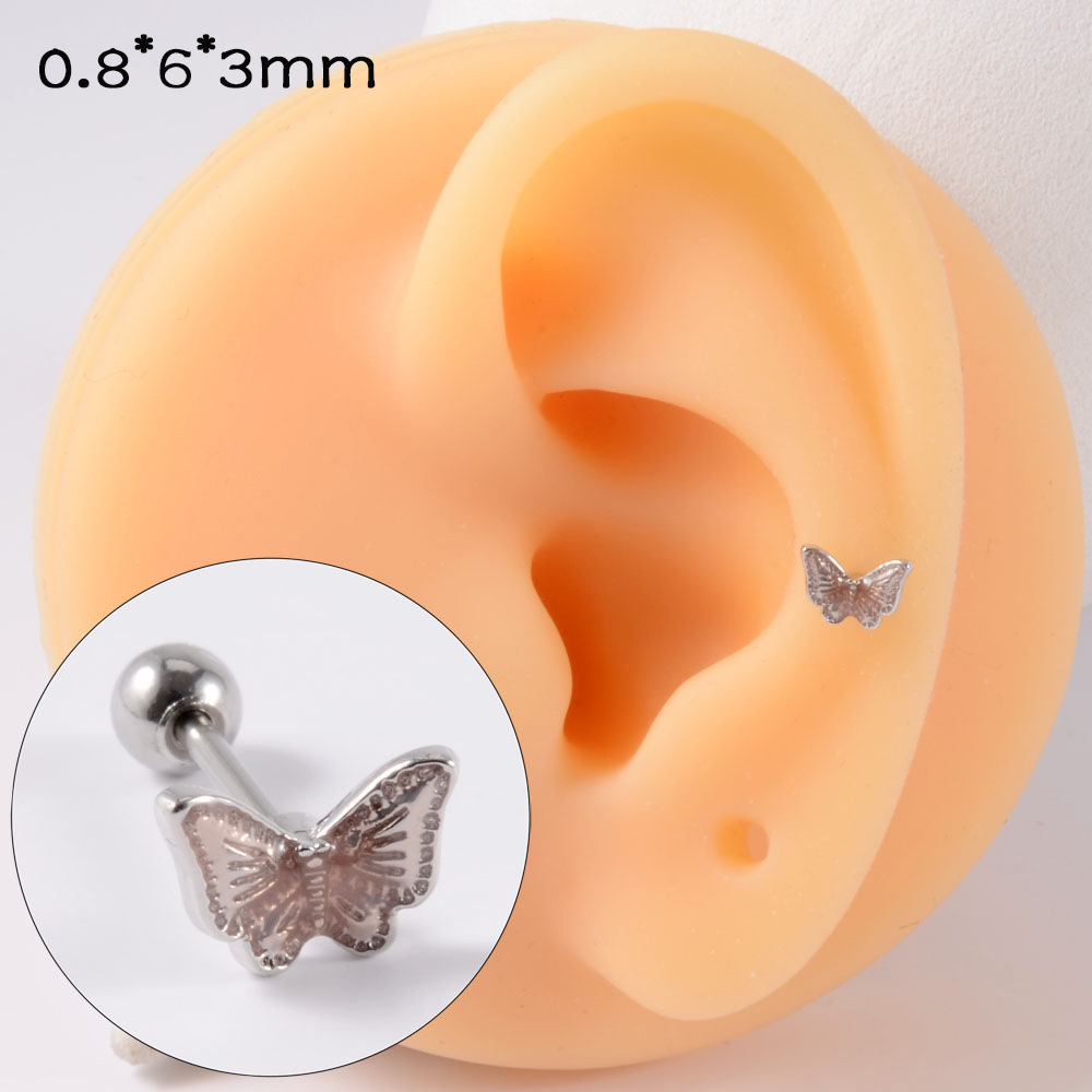 Fashion Colorful Zircon Butterfly Studs Small Pansy Stainless Steel Thin Rod Ear Bone Stud 20G Screw Ball Earrings