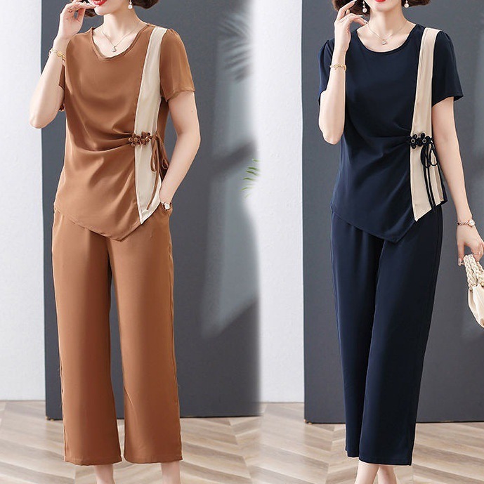 w繧1中年妈妈夏装短款女装套装2023新款中老年夏季时尚洋气短袖两