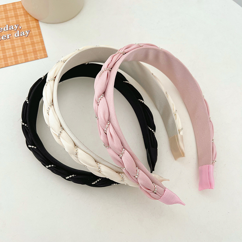 Solid Color Dough-Twist Style Plaits Headband Korean Style Light Luxury All-Matching Weaving High-Grade Rhinestone Hair Fixer Headband Hair Accessories Female F066