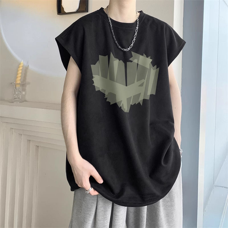 美式背心男潮牌复古鹿皮绒无袖背心夏季宽松砍袖上衣休闲运动坎肩