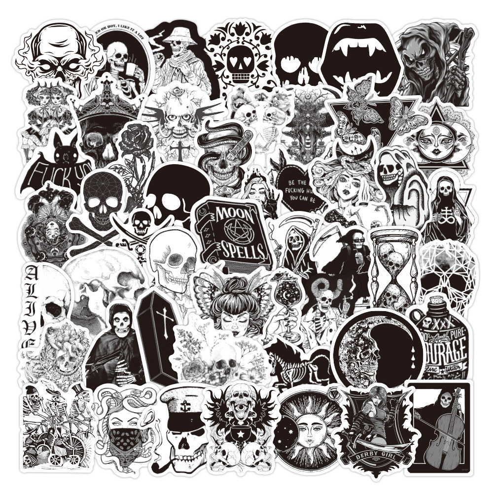 100张黑白暗黑哥特风创意涂鸦贴纸行李箱笔记本防水头盔汽车贴纸
