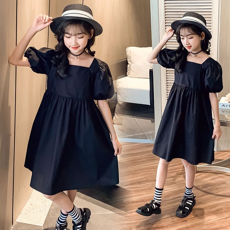 泡泡袖女童连衣裙夏装新款韩版中大童方领洋气小黑裙子短袖公主裙