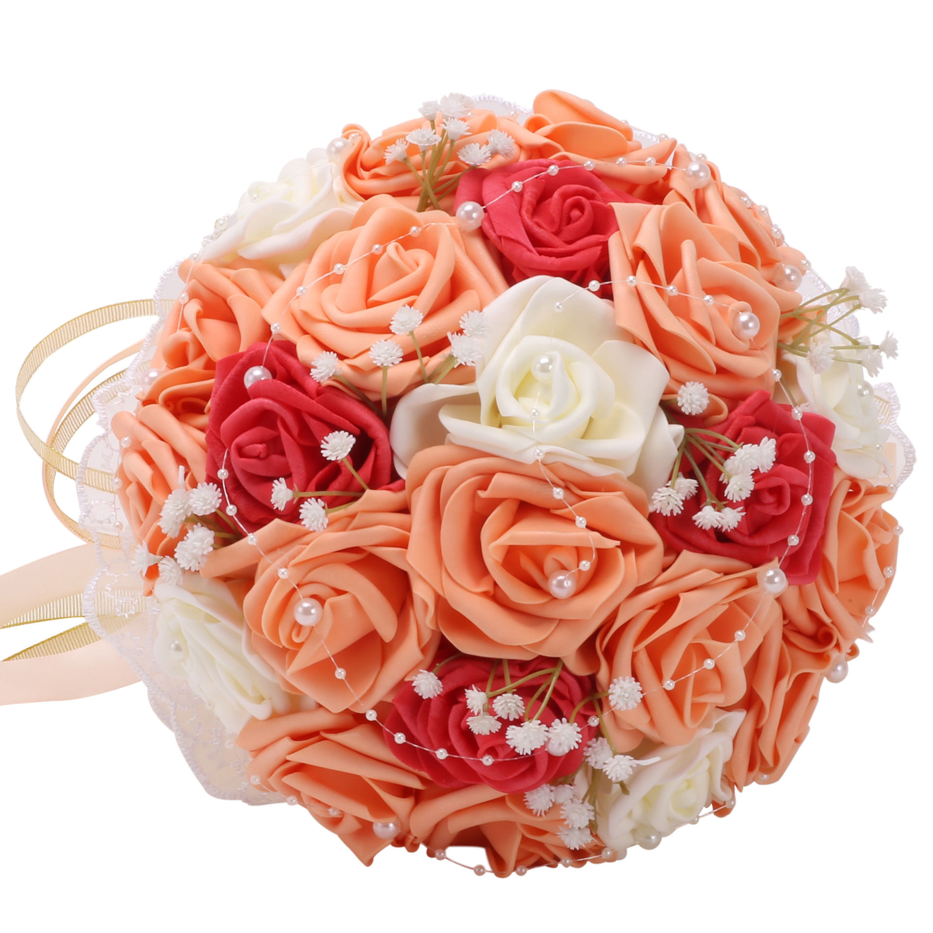韩式新娘结婚手捧花跨境代发pe仿真玫瑰珍珠diy伴娘捧花fz668