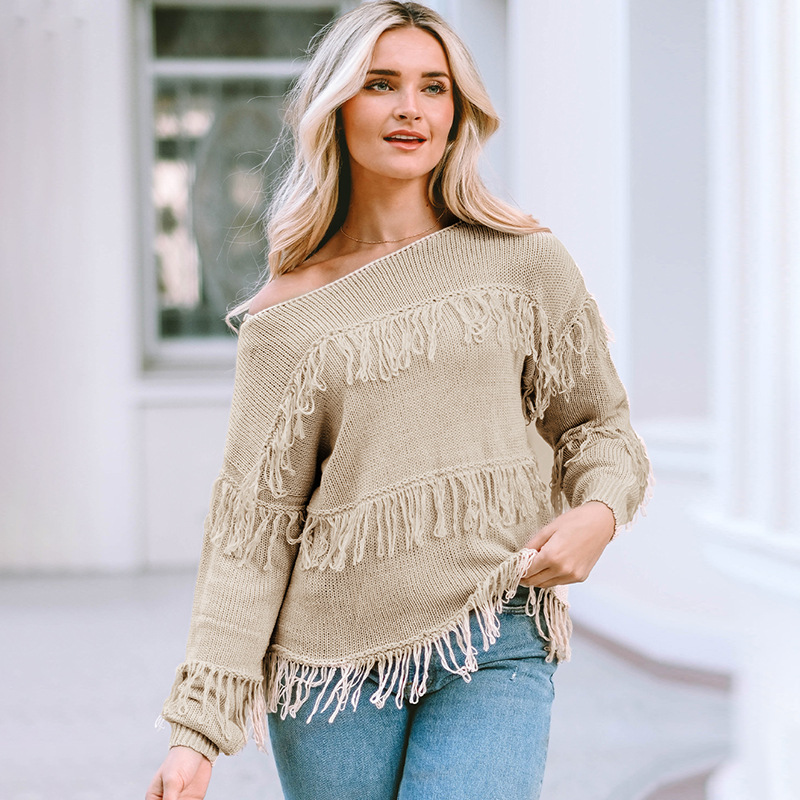 时颖欧美波西米亚风毛衣女春季新款流苏套头长袖纯色针织女式上衣