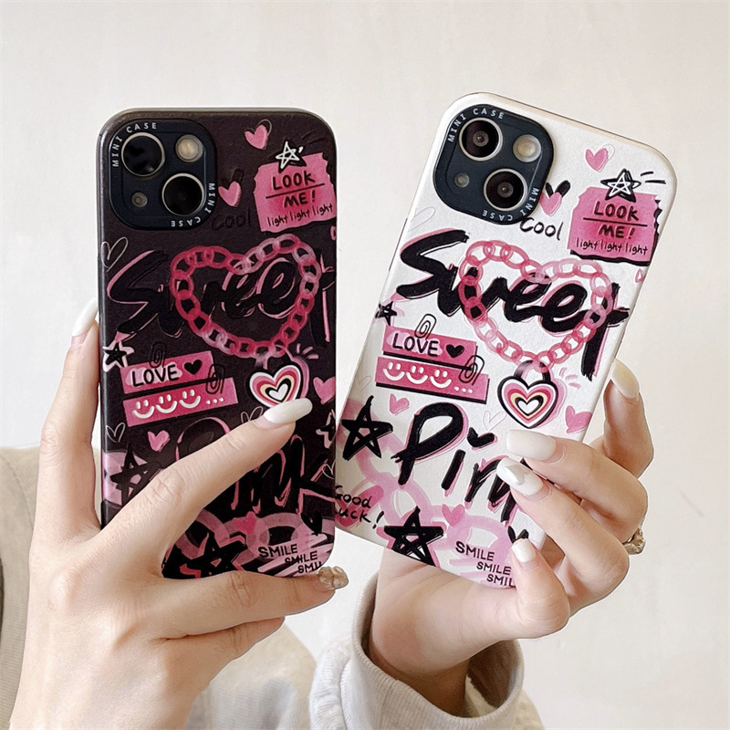辣妹风爱心涂鸦适用iphone14个性12promax手机壳苹果13新款11防摔