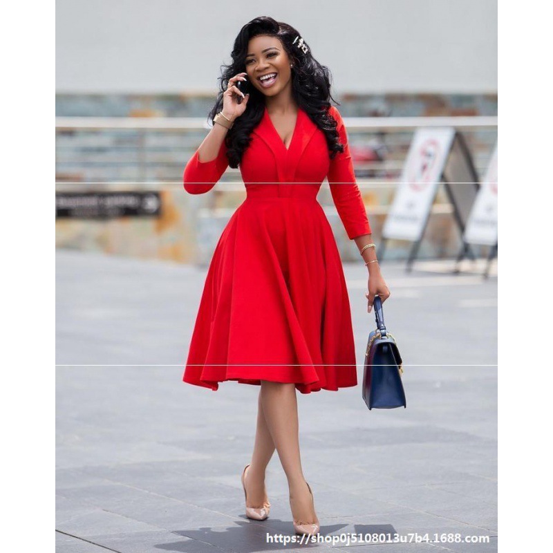 dress women vintage v-neck plus size party dresses v领连衣裙