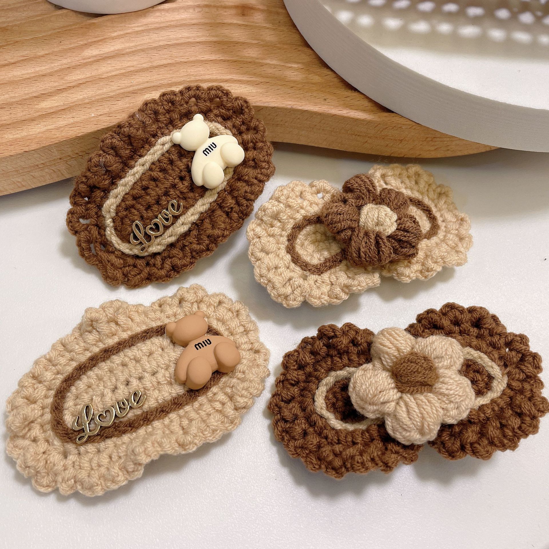 网红秋冬新款手工编织毛线花朵边夹发夹可爱少女刘海夹精品店发饰