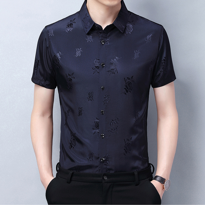 Ice Silk Satin Surface Shirt Men's Short Sleeve 2023 Summer New Heavy Top Half Sleeve Rose Jacquard Shirt Fashion
