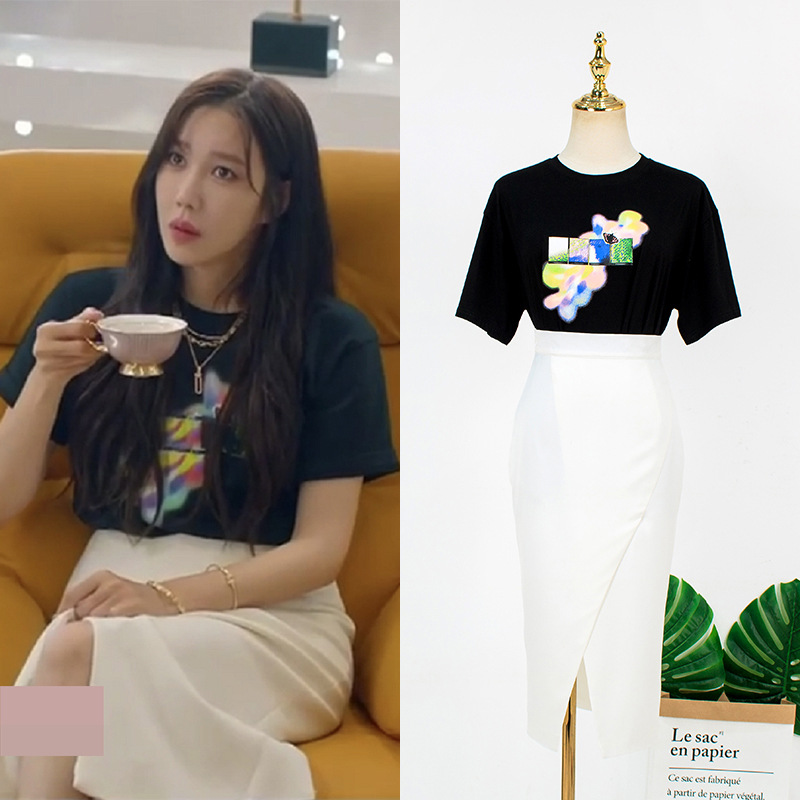 申秀莲顶楼同款夏季套装字母印花黑色t恤 高腰包臀开叉过膝半身裙