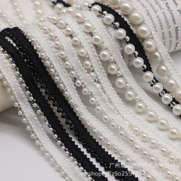 现货黑白手工钉珠花边珍珠织带服装衣领箱包装饰条码diy辅料配件