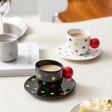 创意球形手柄陶瓷杯碟多彩波点咖啡杯高颜值办公家用水杯马克杯子
