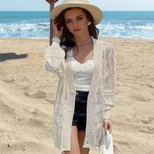 亚马逊欧美春夏针织衫镂空单排扣开衫沙滩开衫长裙比基尼防晒罩衫