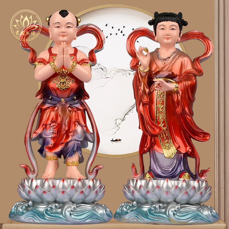 善财童子龙女树脂金童玉女观世音菩萨佛像左右童男童女家用供奉