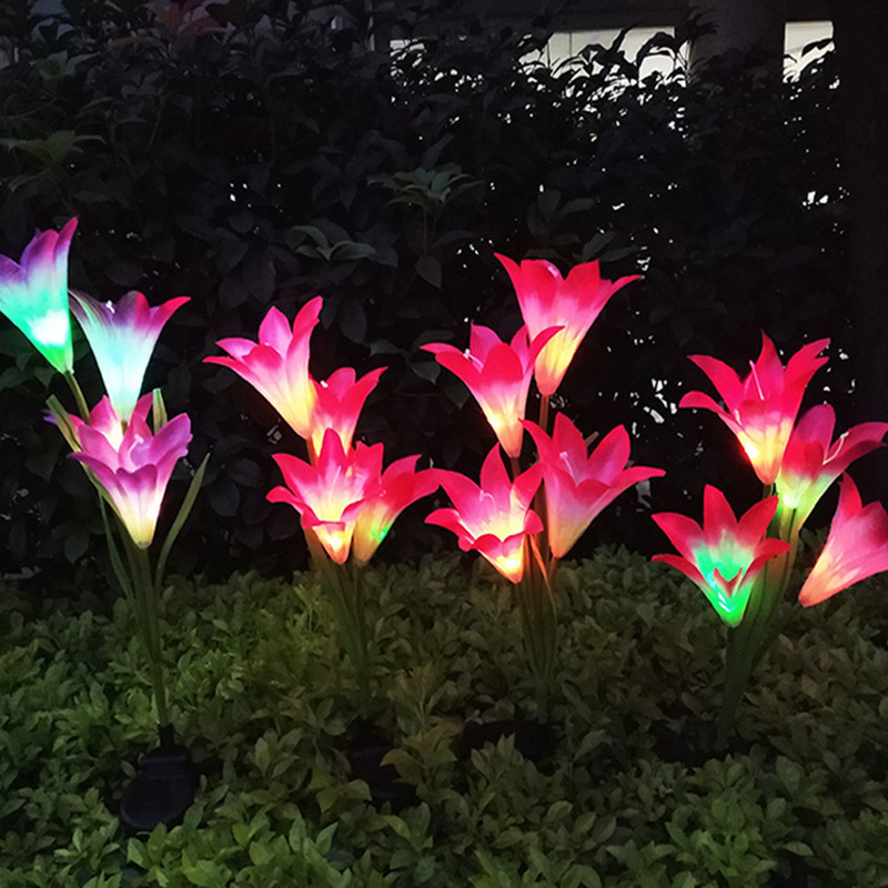 太阳能百合花4头led仿真花草坪灯庭院灯地插花仿真百合装饰塑料花