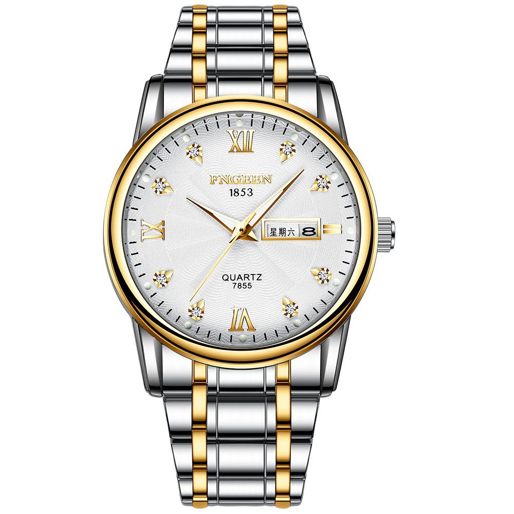芬尊新款男士间金钢带情侣女表镶钻时尚手表男学生表防水双日历
