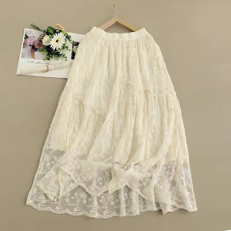 2024夏季新款女下装半身裙日系宽松高腰女裙小众文艺风蕾丝裙子