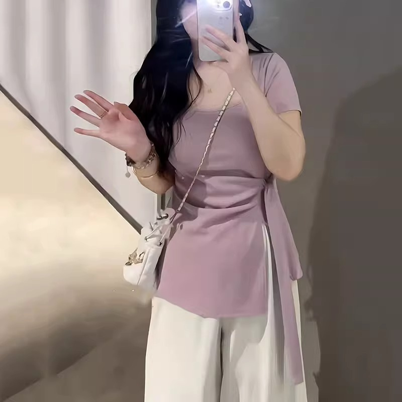 大码正肩短袖t恤女2025夏季新款设计感不规则胖MM遮肉显瘦上衣