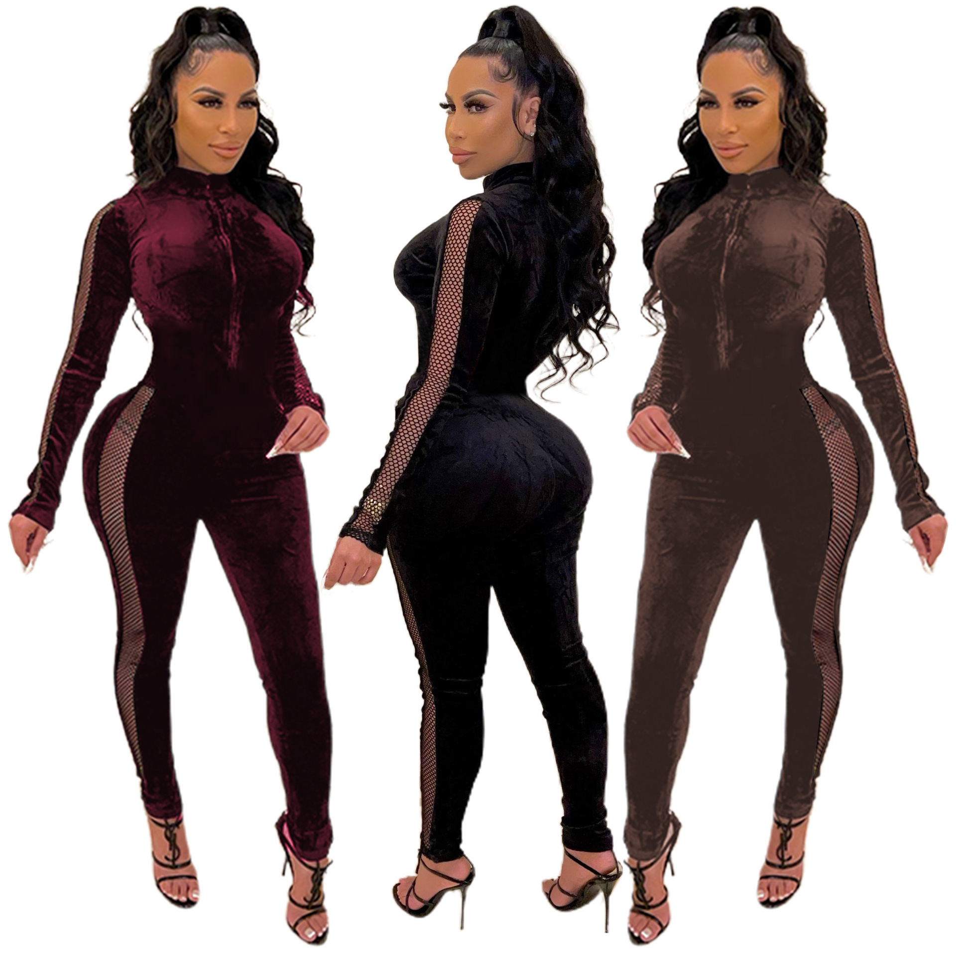 q1039 亚马逊热卖 冬季欧美新款 韩国绒厚款 性感网格拼接连体裤