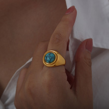 法式ins冷淡风小众个性中古风镶嵌天然松石虎眼石设计感钛钢戒指