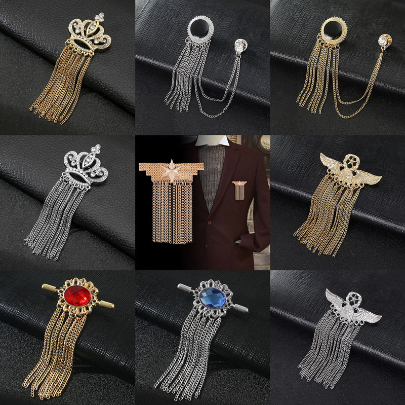 european and american men‘s tassel temperamental brooch korean style chain suit golden crown pin accessories clothing tassel badge