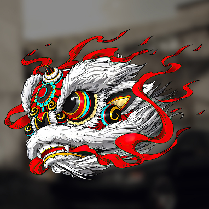 国潮醒狮车贴中国风狮子车身贴招财招福玻璃划痕贴纸电动车装饰贴