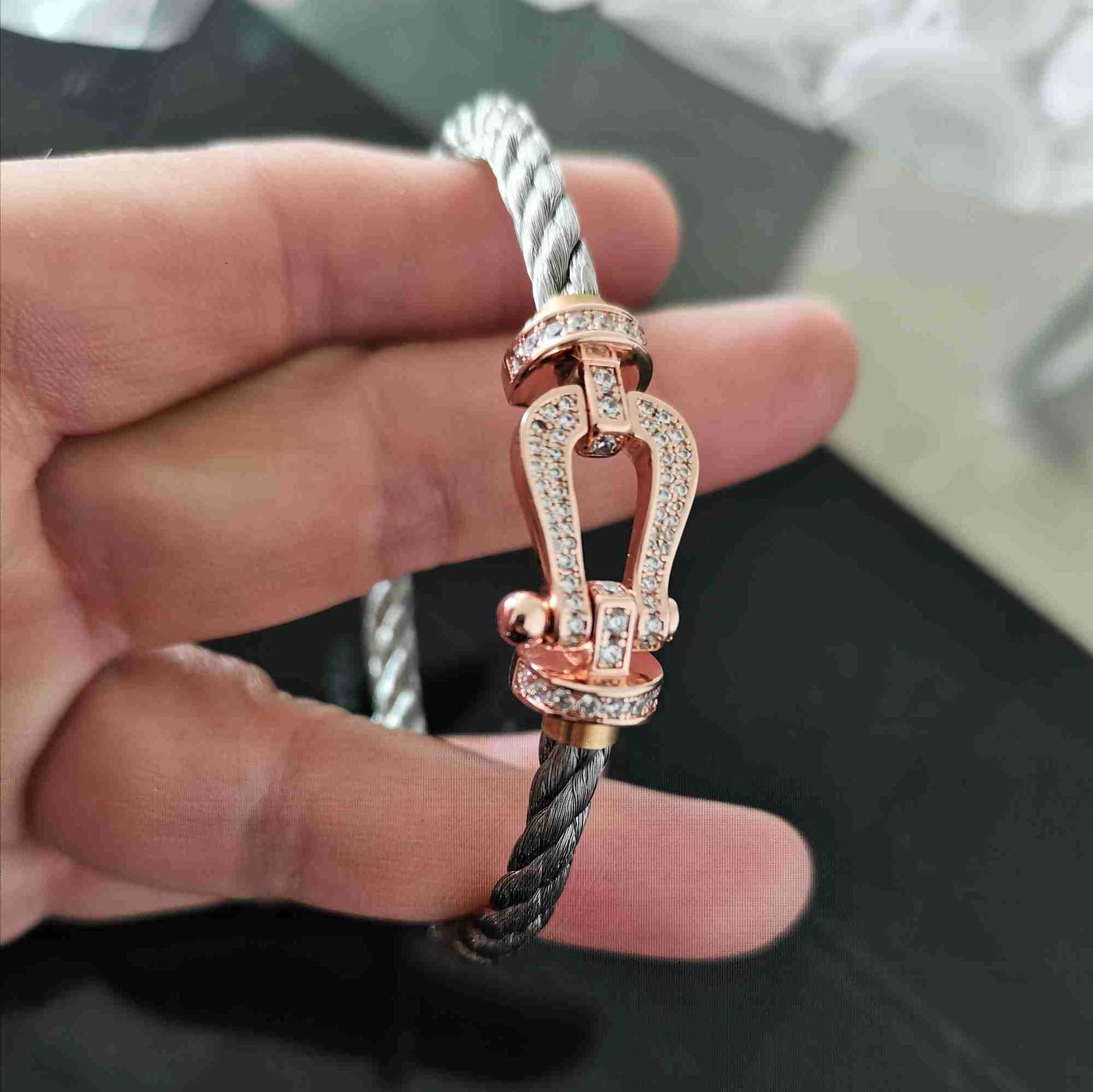 fred手链带钻费雷德手绳马蹄扣18k精钢款镶钻银大小男女手链