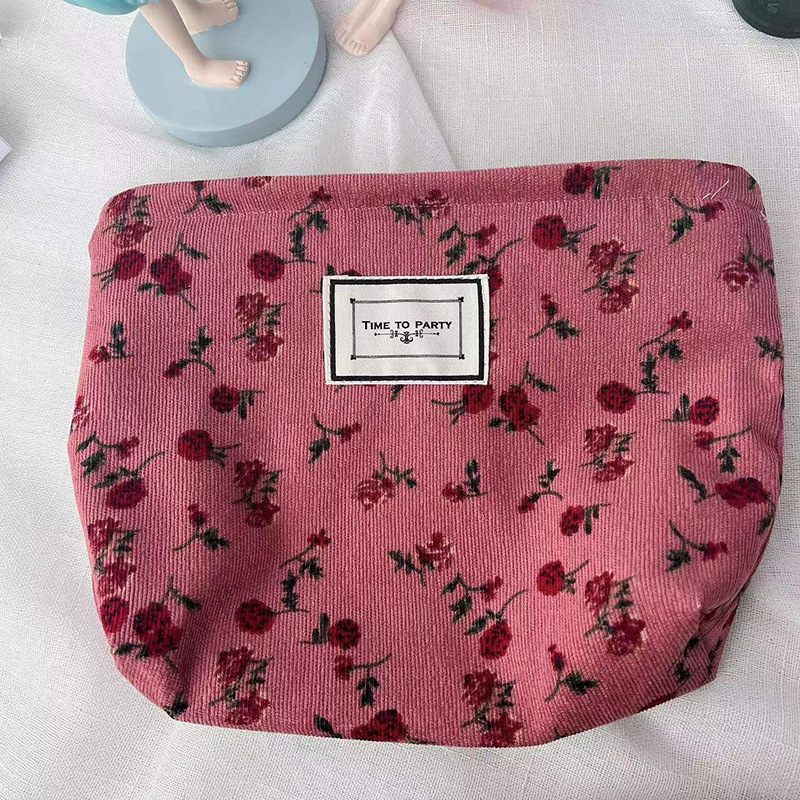 Corduroy Cosmetic Bag Contrast Color Flower Texture Niche Buggy Bag Retro Fashion Zipper Portable Toiletry Bag