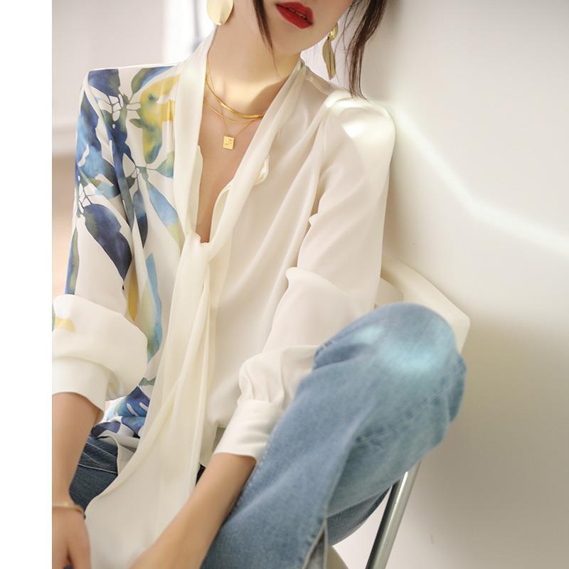 飘带真丝衬衫女秋长袖印花设计感重磅丝绸衬衣法式桑